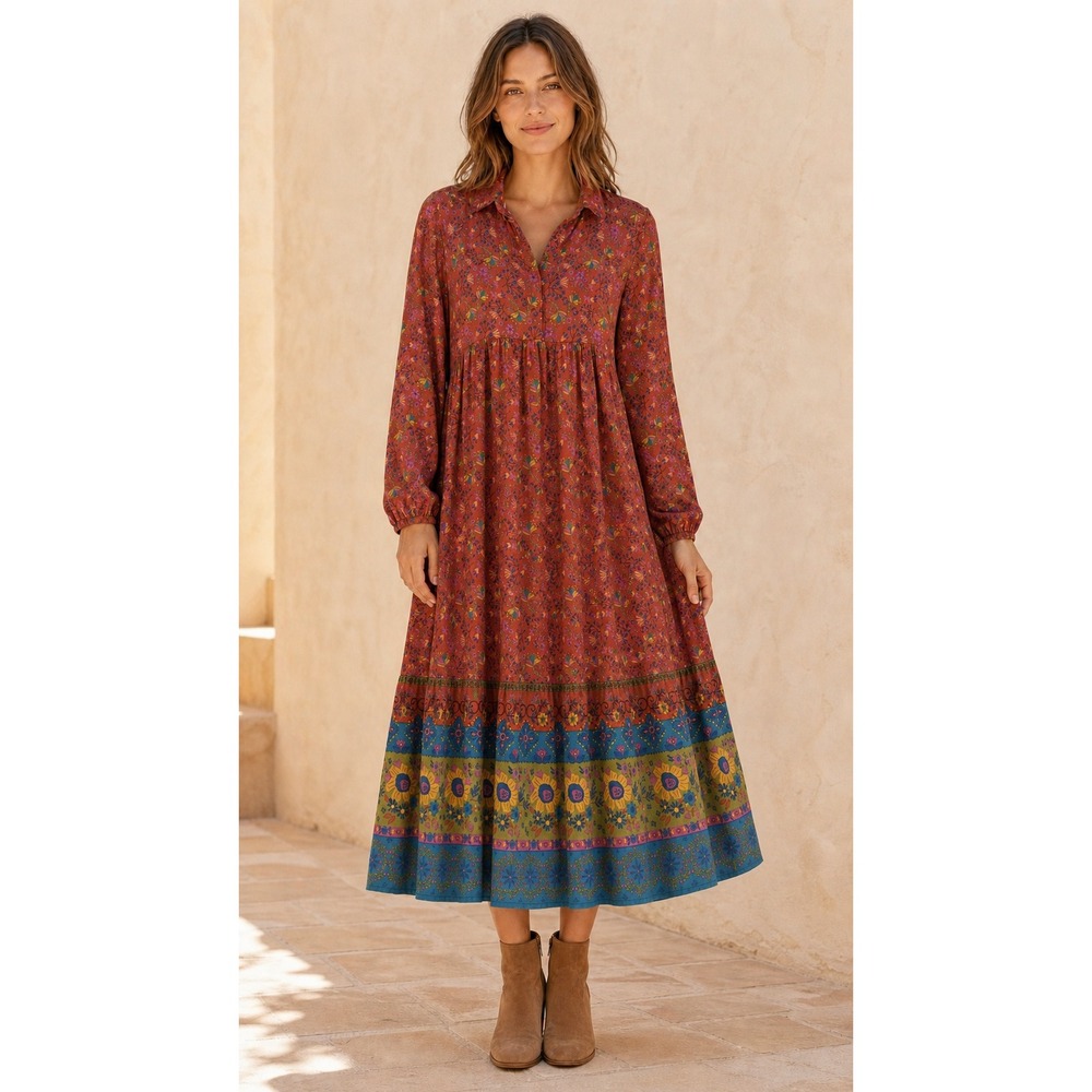 Natural Life Womens S Rust Floral Tiered Midi Dress Long Sleeve Boho Fall - Picture 1 of 8
